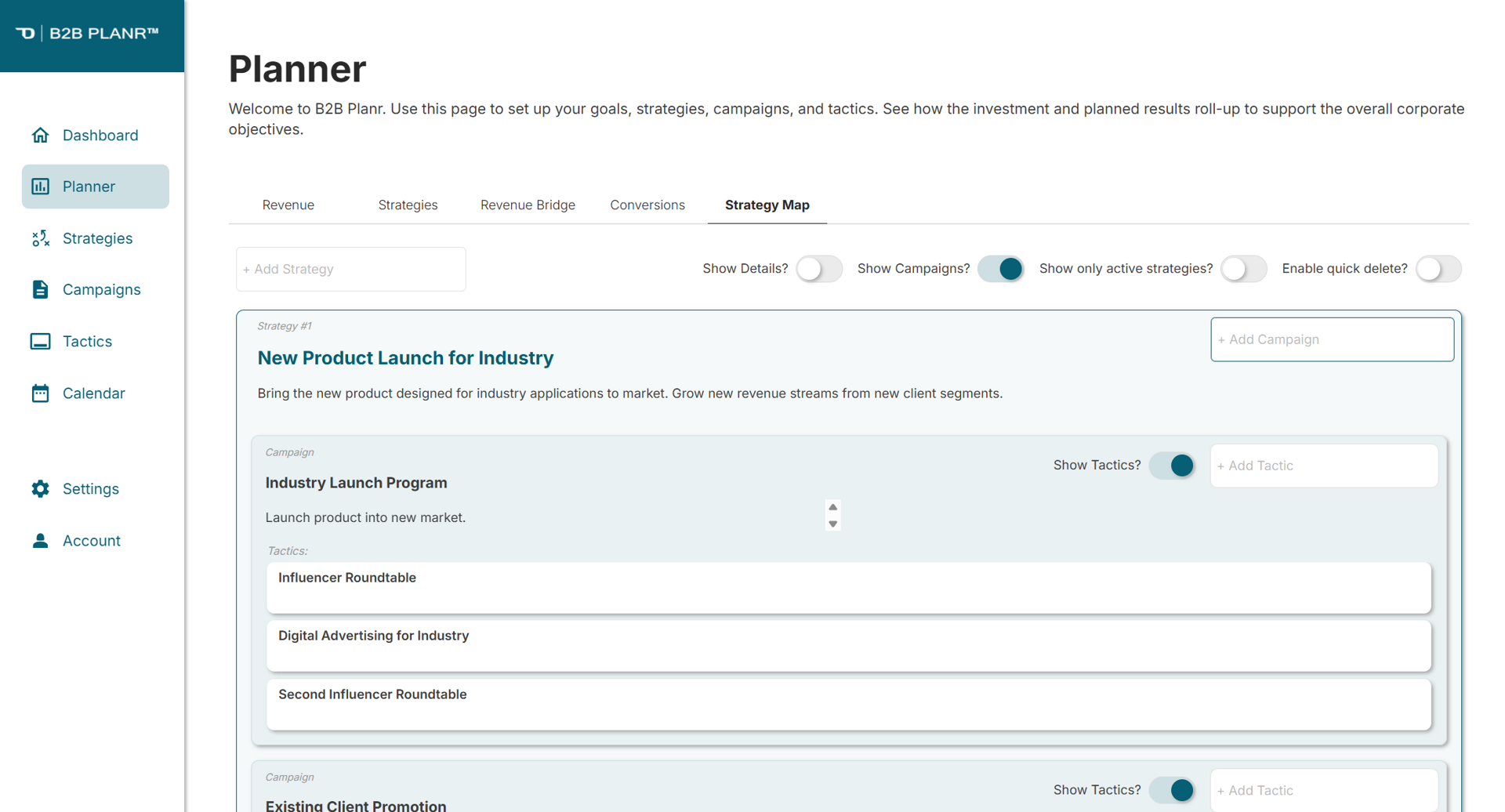 B2B Planr marketing planning software dashboard